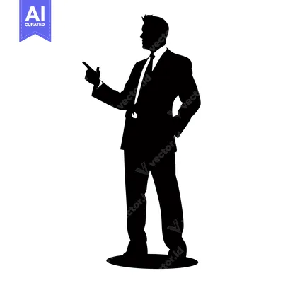 Premium design asset: Silhouette of a man in a suit pointing to the side