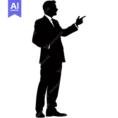 Aset desain premium: Silhouette of a man in a suit, pointing to the right