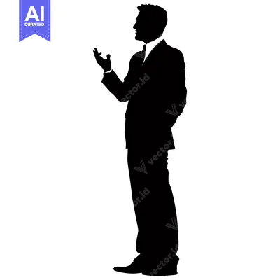 Aset premium populer: Silhouette of a Man in a Suit, Standing with One Hand Raised and Facin