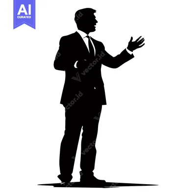 Premium design asset: Silhouette of a man in a suit speaking with his right hand outstretche