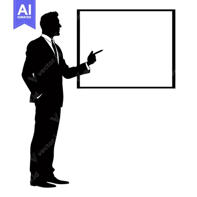 Aset desain premium: Silhouette of a Businessman Presenting on a Blank Board