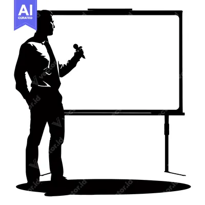 Aset premium populer: Silhouette of a Businessman Holding a Microphone and Standing by a Bla