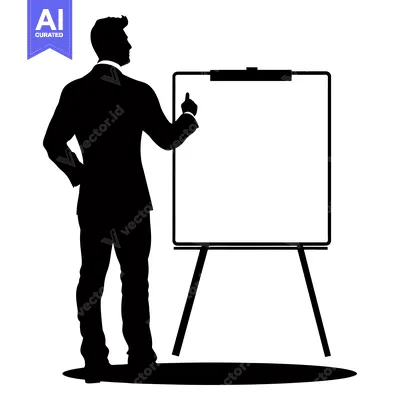 Aset desain premium: Silhouette of a businessman pointing to a blank whiteboard