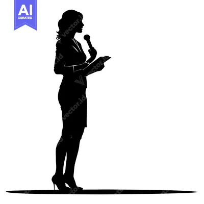 Aset desain premium: Silhouette of a Woman Speaking into a Microphone while Holding a Noteb
