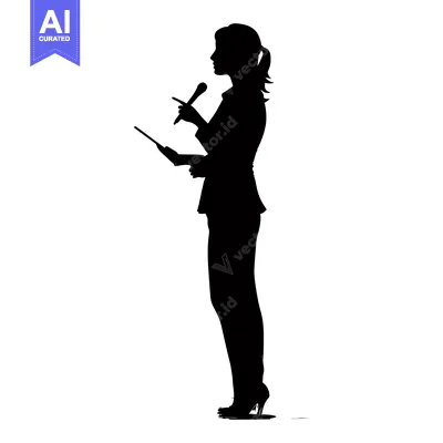 Aset desain premium: Silhouette of a Woman Holding a Microphone and a Tablet