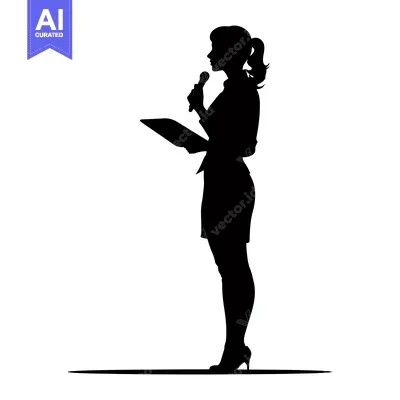 Silhouette of a Woman Speaking with a Microphone and Holding a Tablet