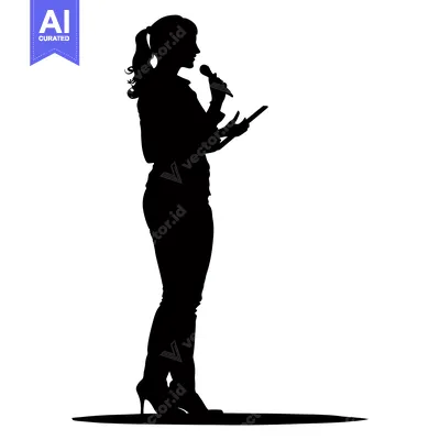 Aset premium populer: Silhouette of a Woman Speaking with a Microphone and Holding a Tablet