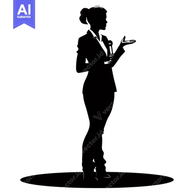Premium design asset: Silhouette of a woman speaking with a microphone on a stage