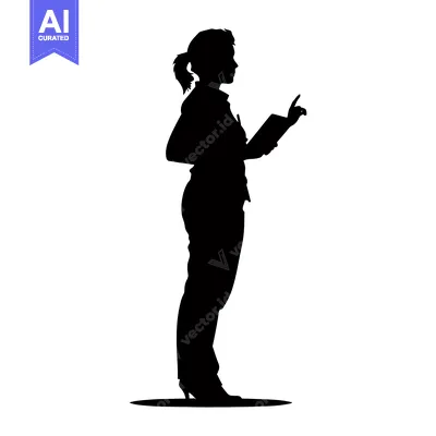 Popular premium asset: Silhouette of a Woman with a Ponytail Holding a Book and Pointing
