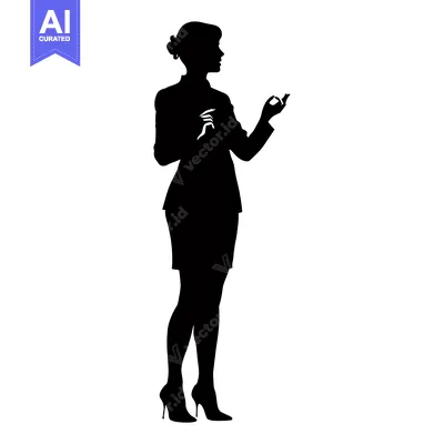 Aset desain premium: Silhouette of a Woman in a Business Suit, Standing with Her Hand Raise