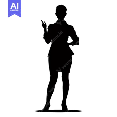 Aset desain premium: Silhouette of a woman in a business suit, standing and pointing with h