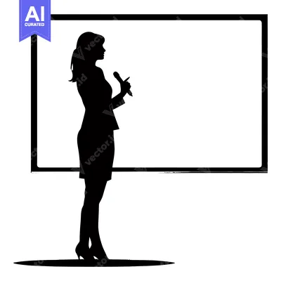 Silhouette of a woman giving a presentation with a microphone