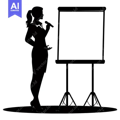 Premium design asset: Silhouette of a woman speaking with a microphone in front of a present