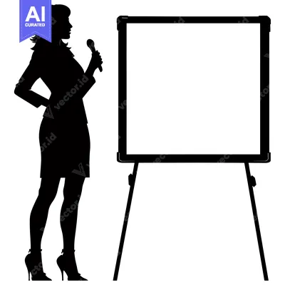 Silhouette of a Woman Presenting with a Microphone and a Blank Whitebo