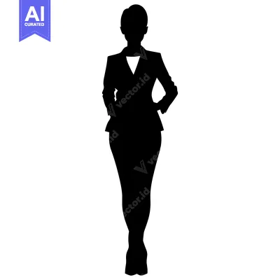 Aset desain premium: Silhouette of a Woman in a Suit with Hands on Hips