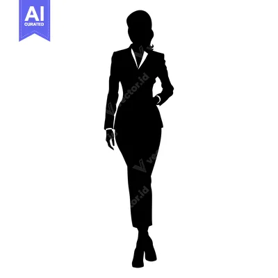 Aset desain premium: Silhouette of a woman in a suit, standing with one hand on her hip.