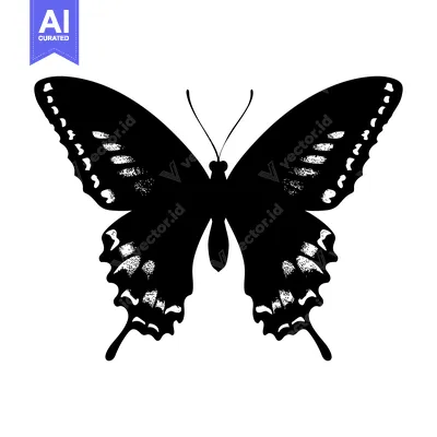 Aset desain premium: Black and White Silhouette of a Butterfly with Detailed Wings