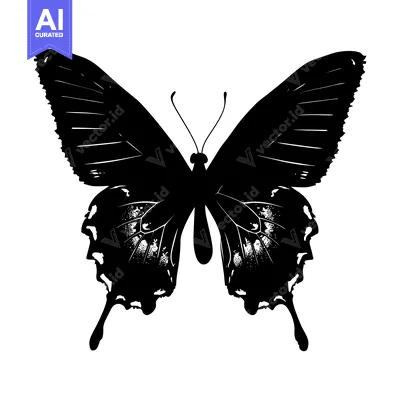 Aset desain premium: Black and White Silhouette of a Butterfly with Detailed Wings