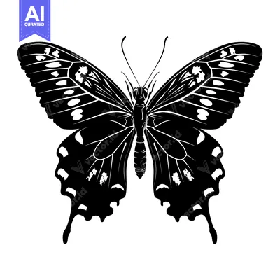 Aset desain premium: Black and White Silhouette of a Butterfly with Detailed Wings
