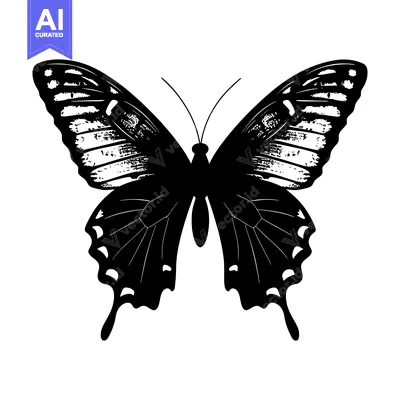 Aset premium populer: Black and White Silhouette of a Butterfly with Detailed Wings