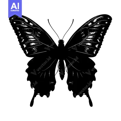 Aset desain premium: Black and White Silhouette of a Butterfly with Detailed Wings