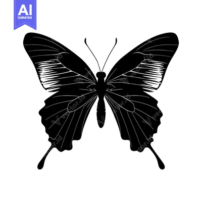 Aset desain premium: Black and White Silhouette of a Butterfly with Spread Wings