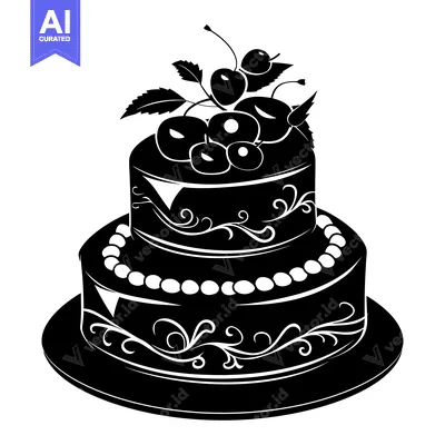 Aset premium populer: Black and white silhouette of a two-tiered cake decorated with cherrie