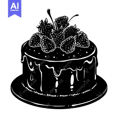 Aset desain premium: Black and White Silhouette of a Cake Topped with Raspberries