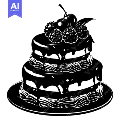 Black and White Silhouette of a Two-Tiered Cake with Berries and a Che