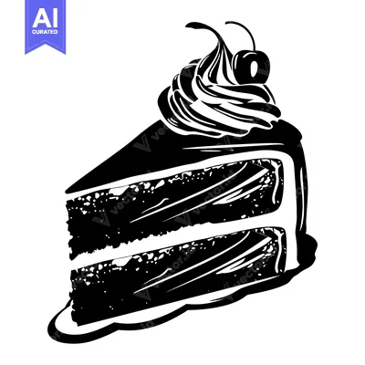 Aset desain premium: Black and White Illustration of a Slice of Cake with Cherry Topping