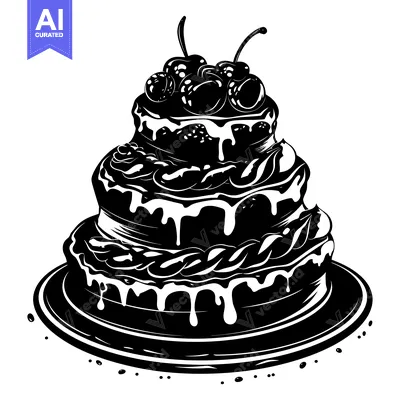 Popular premium asset: Black and White Illustration of a Three-Tiered Cherry Cake with Drippi