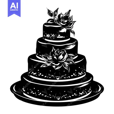 Premium design asset: Black and White Silhouette of a Four-Tier Wedding Cake with Floral Dec