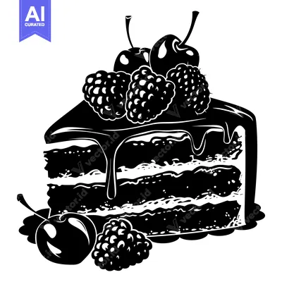 Aset desain premium: Black and White Illustration of a Cake with Cherries and Raspberries