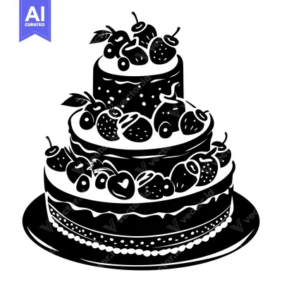 Aset desain premium: Black and white silhouette of a three-tiered cake decorated with straw