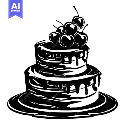 Black and White Illustration of a Two-Tiered Cake with Cherries