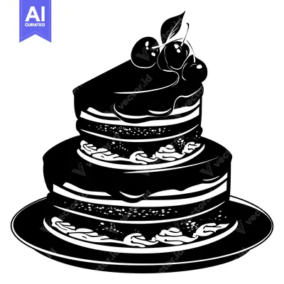 Aset premium populer: Black and White Silhouette of a Two-Layered Cake with Cherries on Top