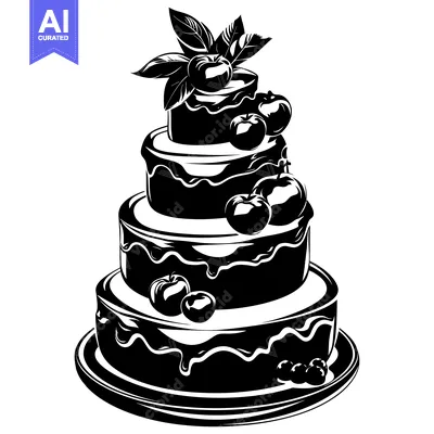 Premium design asset: Black and White Silhouette of a Four-Tiered Cake with Berries and Leav