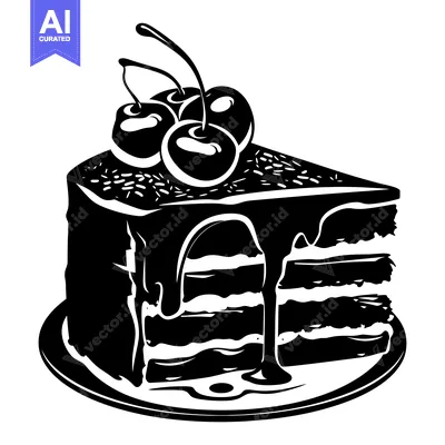 A Black and White Silhouette of a Slice of Cake with Cherries on Top