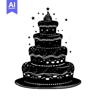 Aset desain premium: Black and White Silhouette of a Four-Tiered Birthday Cake with Stars