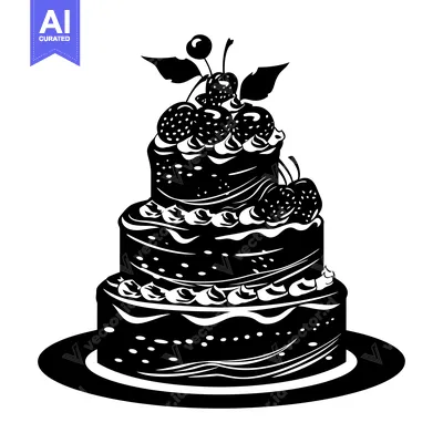 Black and White Silhouette of a Three-Tiered Cake with Fruit Toppings