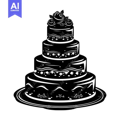 Aset desain premium: Black and White Silhouette of a Four-Tier Wedding Cake with Rose Toppi
