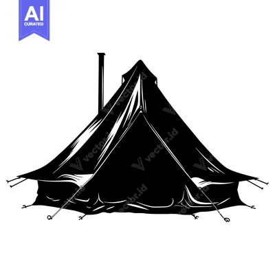 Aset desain premium: A Black and White Silhouette of a Tent with a Chimney