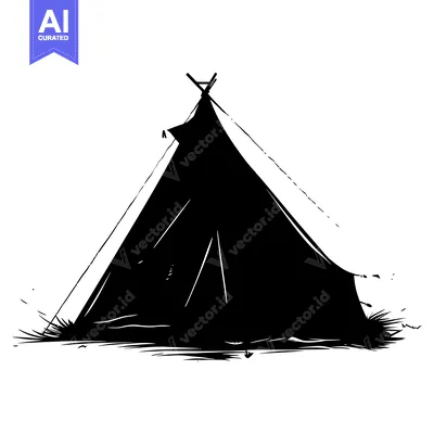 Aset desain premium: Black and White Silhouette of a Tent in a Grassy Field