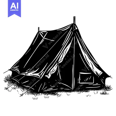 Premium design asset: Black and White Drawing of a Tent in Grass