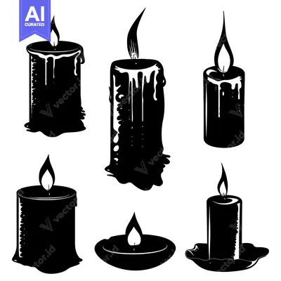 Six Black Silhouettes of Melted Candles with Flames