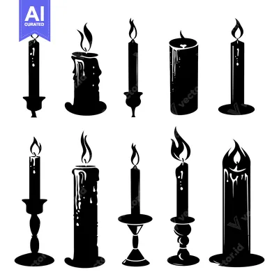 Set of Black Candle Silhouettes with Flames and Wax Drips
