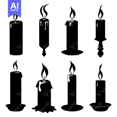 Aset desain premium: Eight Black Silhouettes of Lit Candles in Various Styles