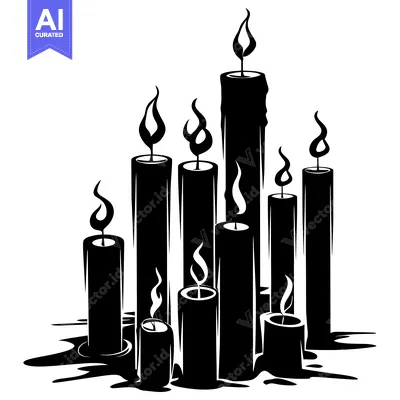 Aset premium populer: A cluster of nine black candles with flames burning