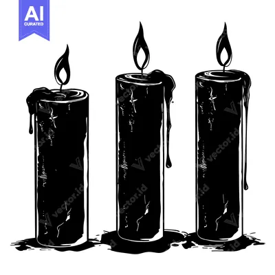 Three Black Candles with Flames and Wax Dripping
