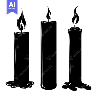 Three Black Candles with Flames and Wax Drips